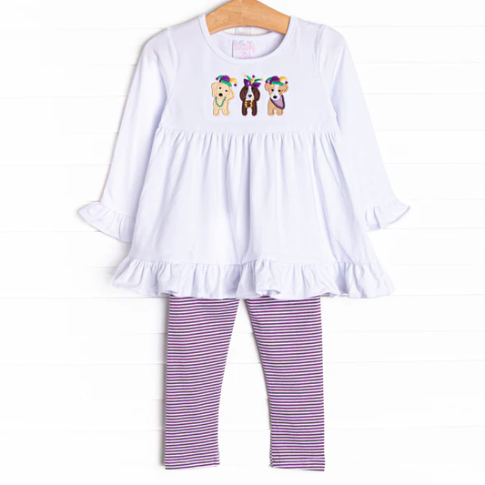 (Custom Design Preorder MOQ 5)  Puppy White Tunic Top Purple Stripes Pants Girls Mardi Gras Clothes Set