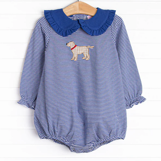 (Custom Design Preorder MOQ 5) Blue Stripes Dog Print Baby Girls Fall Romper