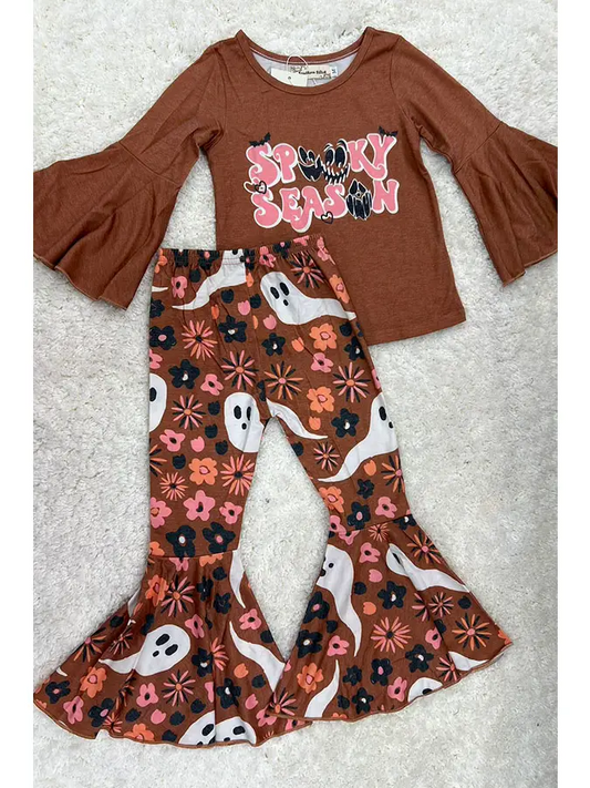 (Custom Design Preorder MOQ 5) Spooky Season Top Flowers Bell Pants Girls Halloween Clothes Set
