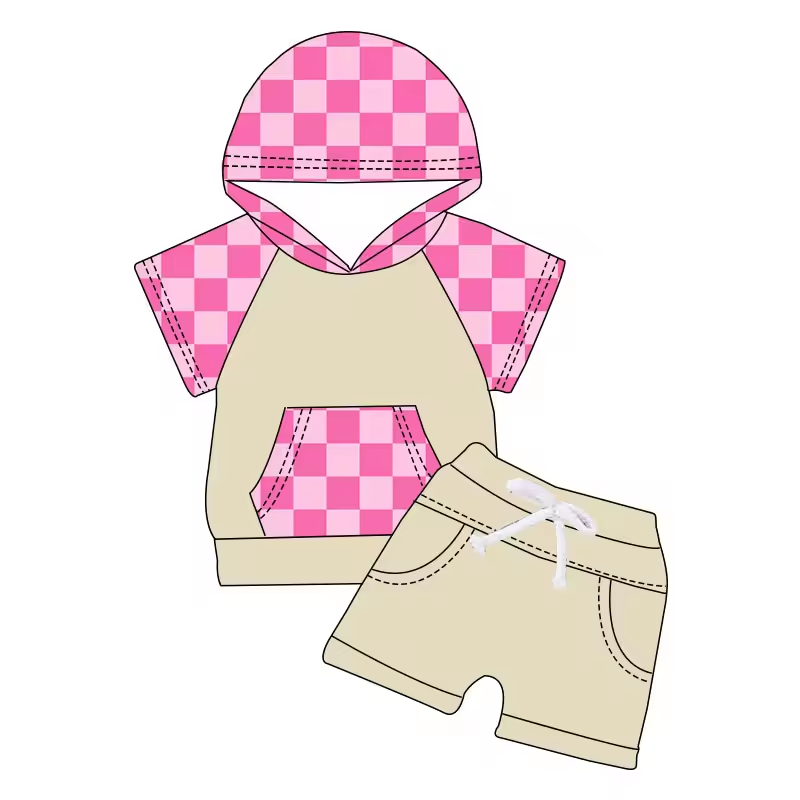 (Custom Design Preorder MOQ 5)  Pink Plaid Hoodie Top Shorts Kids Summer Clothes Set