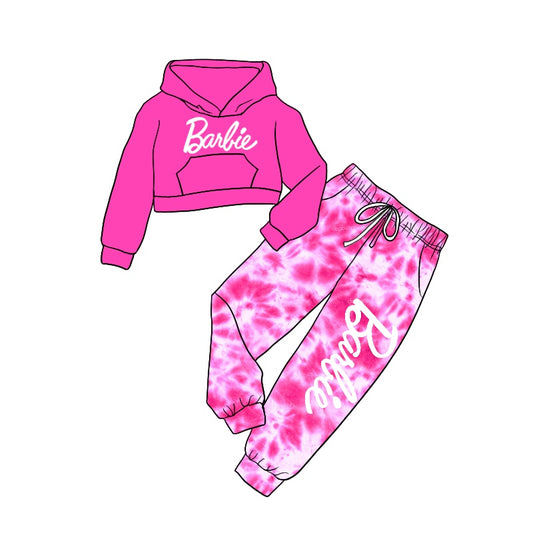 (Custom Design Preorder MOQ 5) Pink BA Tie-dye Print Girls Hoodie Top Clothes Set
