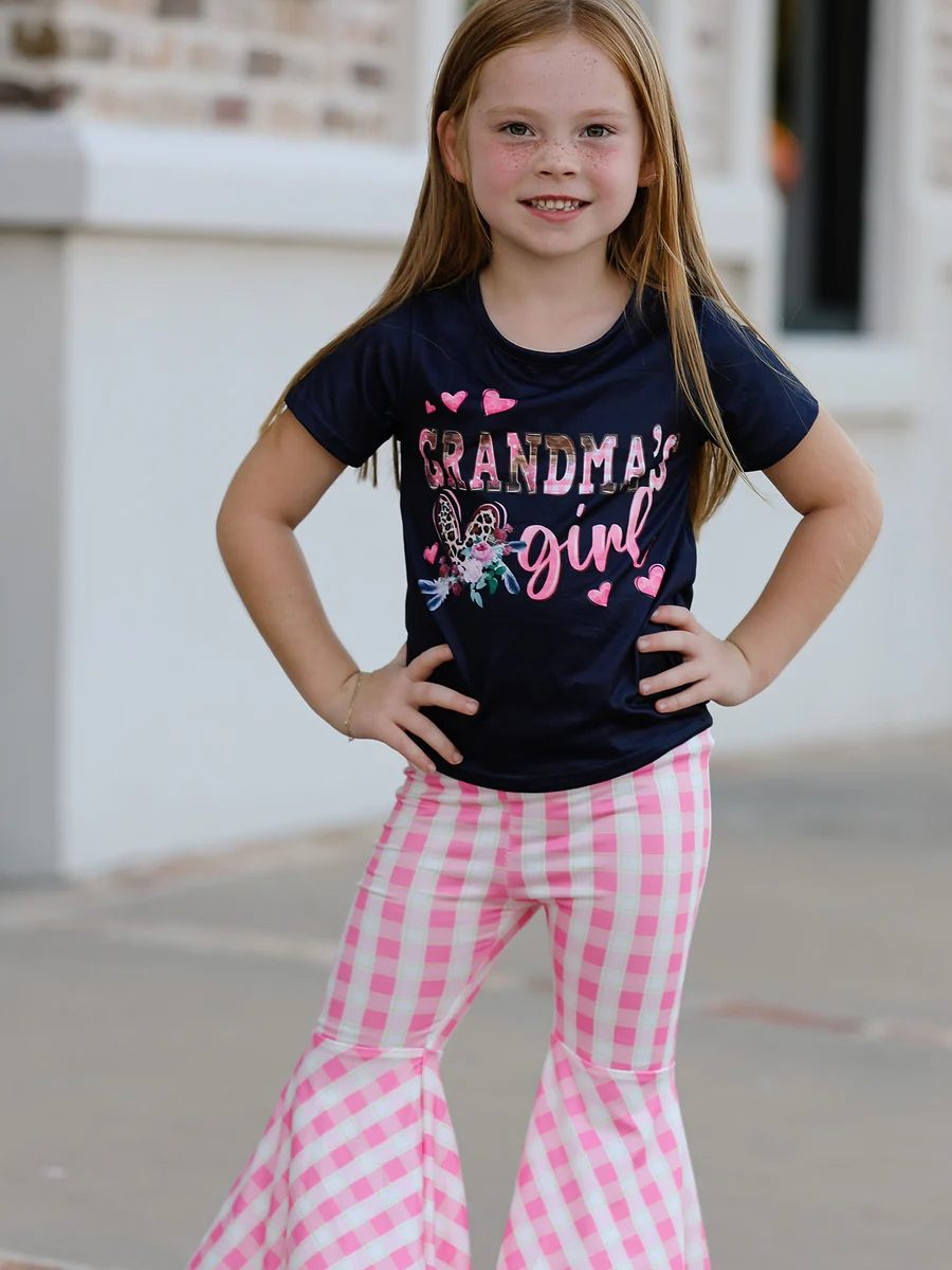 (Custom Design Preorder MOQ 5) Grandma's girl Top Pink Plaid Bell Pants Girls Clothes Set
