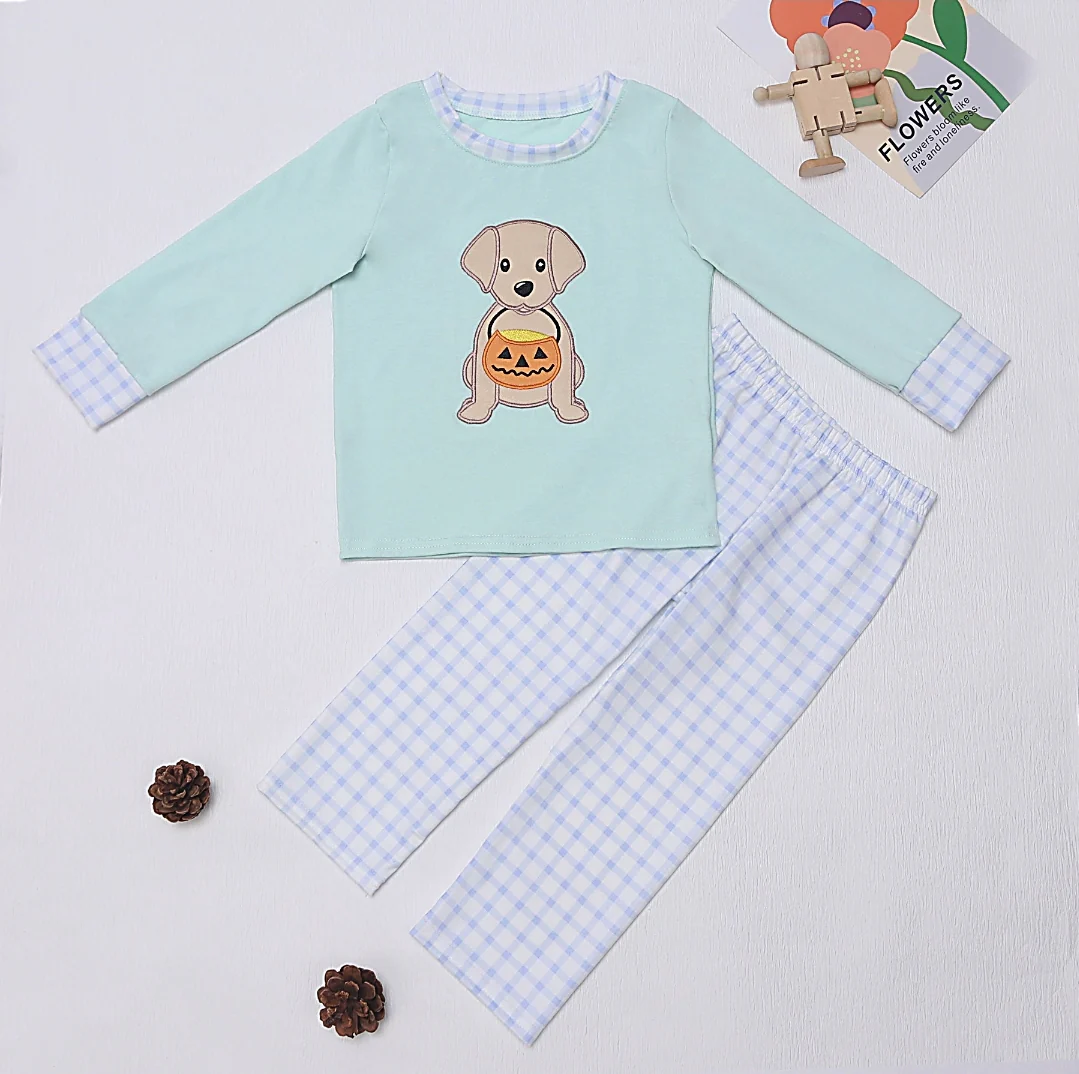 (Custom Design Preorder MOQ 5) Dog Pumpkin Top Plaid Pants Boys Halloween Clothes Set