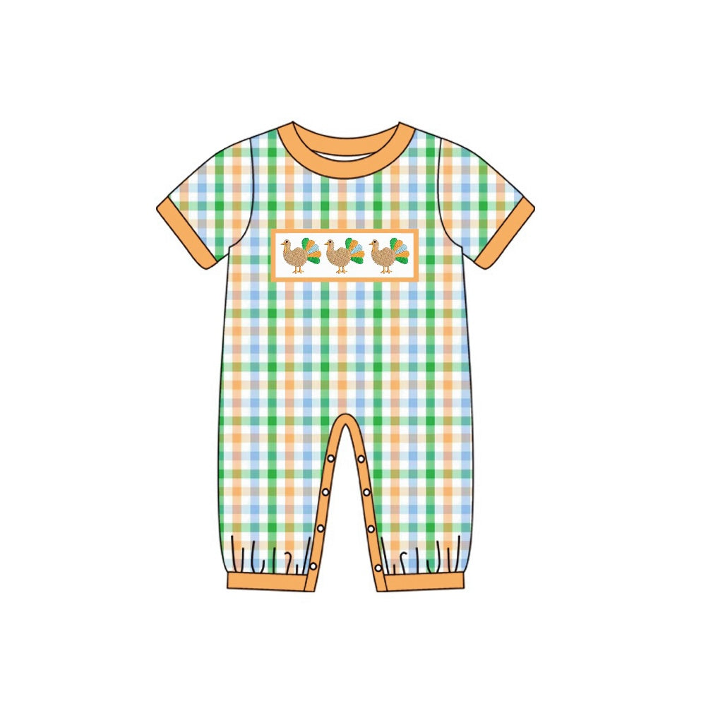 (Custom Design Preorder MOQ 5) Turkey Green Orange Plaid Print Baby Boys Thanksgiving Romper