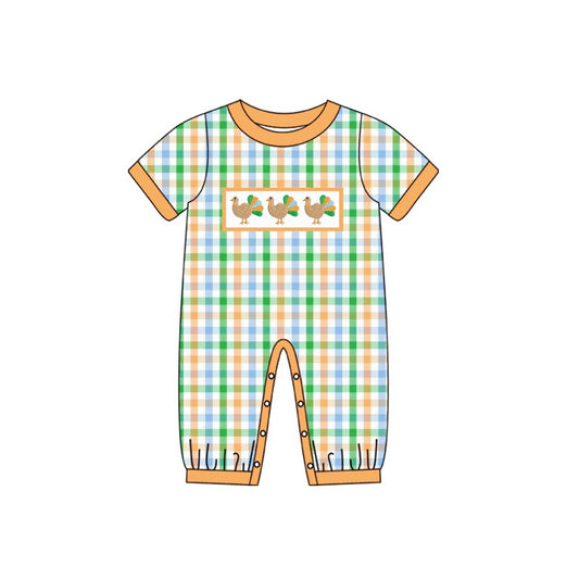 (Custom Design Preorder MOQ 5) Turkey Green Orange Plaid Print Baby Boys Thanksgiving Romper