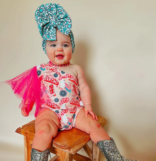 (Custom Design Preorder MOQ 5) Pink BA Boots Western Print Baby Girls Summer One Shoulder Tulle Romper