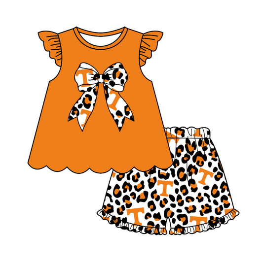 (Custom Design Preorder MOQ 5) Team's TENNESSEE Leopard Print Girls Summer Clothes Set