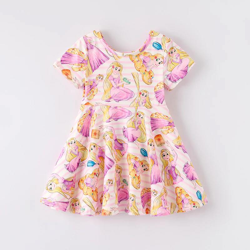 (Custom Design Preorder MOQ 5) Cartoon Princess Print Girls Summer Knee Length Dress