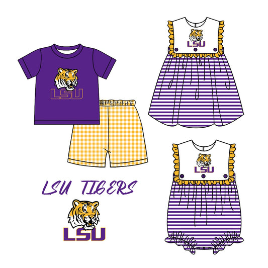 (Custom Design Preorder MOQ 5 ) Team's LSU Tigers Print Kids Summer Matching Clothes Sibling Wear