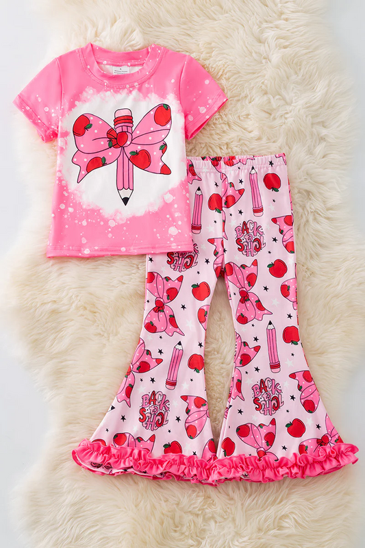 (Custom Design Preorder MOQ 5) Pen Bows Pink Top Apple Bell Pants Girls Back to School Clothes Set