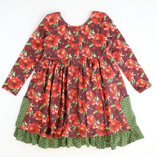 (Custom Design Preorder MOQ 5)  Red Flowers Holly Print Girls Knee Length Christmas Dress