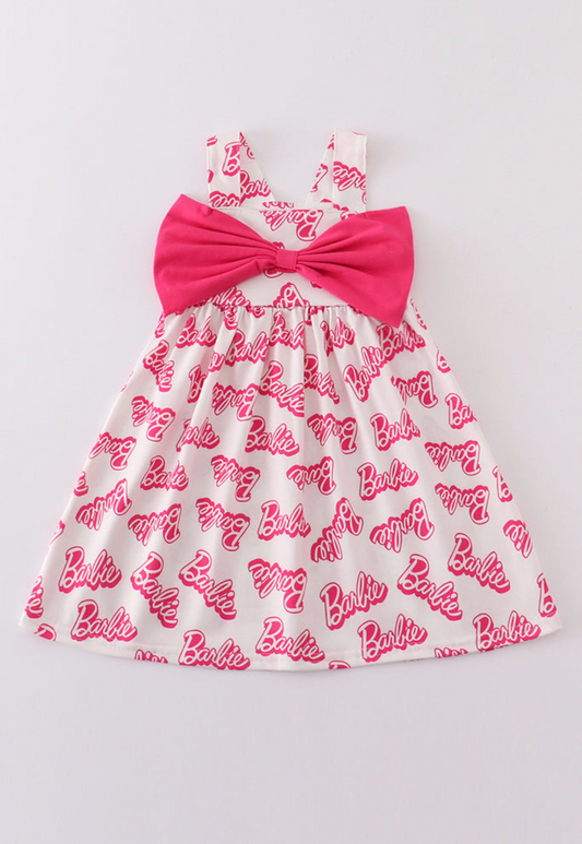 (Custom Design Preorder MOQ 5) Pink BA Print Girls Bow Knee Length Summer Dress
