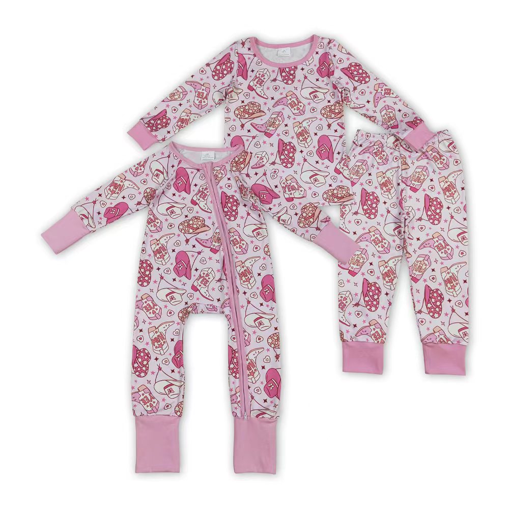 Hat Boots Hearts Pink Print Girls Valentine's Day Pajamas Clothes Sisters Western Matching Wear
