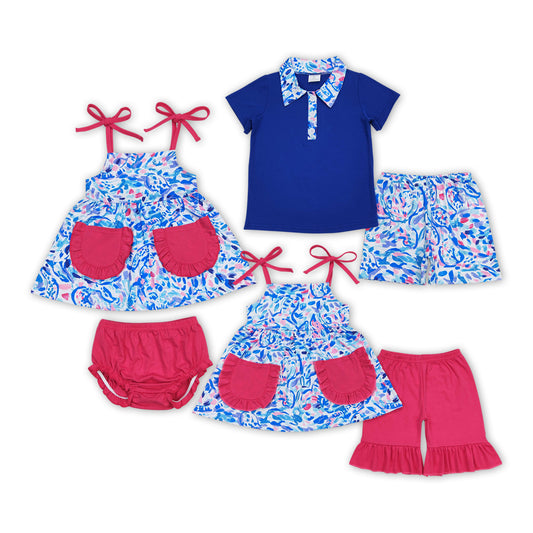 Water Seaweed Blue Flowers Print Sibling Summer Matching Clothes Set