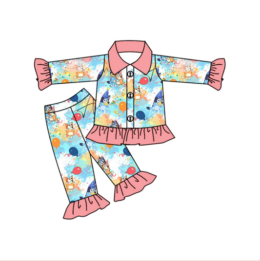 (Custom Design Preorder MOQ 5) Cartoon Dog Print Girls Pajamas Clothes Set