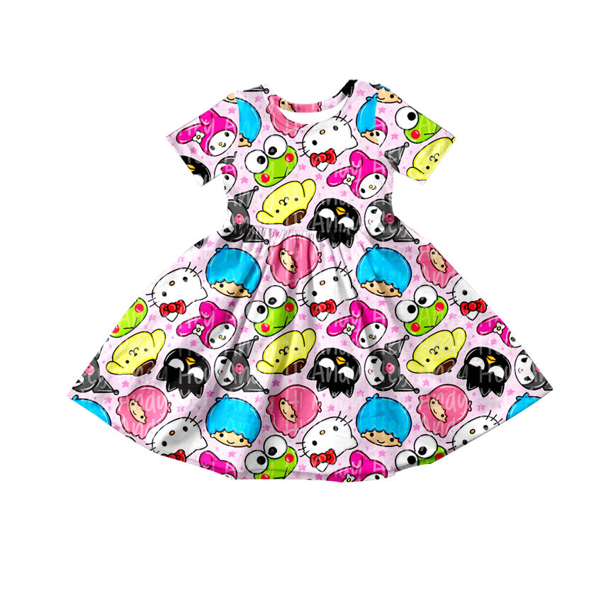 (Custom Design Preorder MOQ 5) Cartoon Animals Print Girls Knee Length Dress