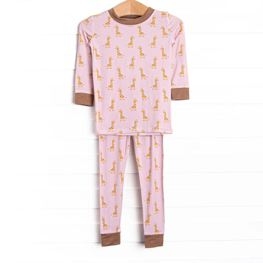 (Custom Design Preorder MOQ 5) Giraffe Pink Print Girls Pajamas Clothes Set