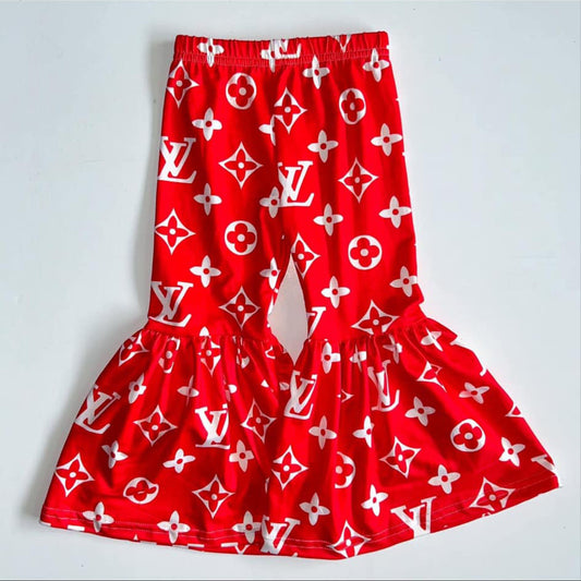 (Custom Design Preorder MOQ 5) L* V* Red Flowers Print Girls Bell Bottom Pants