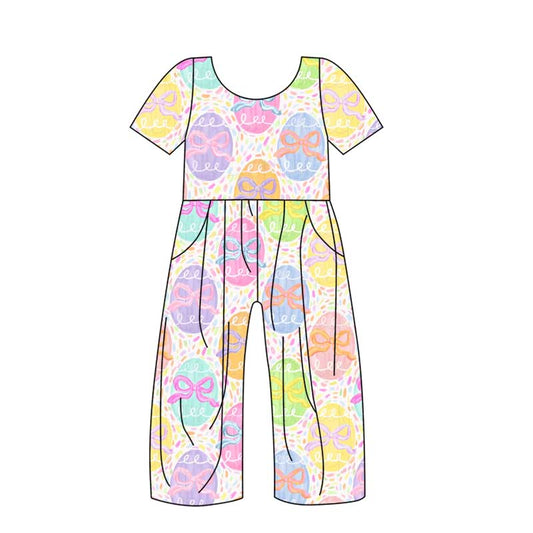 (Custom Design Preorder MOQ 5) Colorful Eggs Print Girls Pockets Easter Jumpsuits