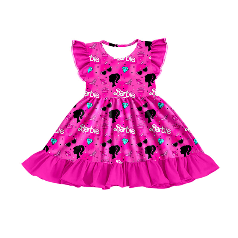 (Custom Design Preorder MOQ 5) Hot Pink BA Print Girls Summer Knee Length Dress