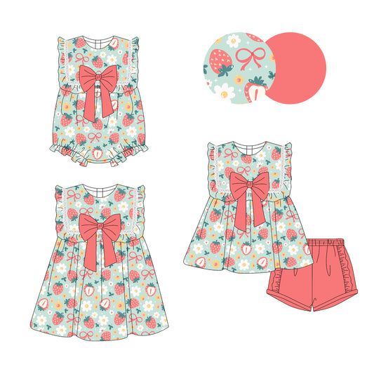 3.29(Custom Design Preorder MOQ 5 Each Design) Strawberry Flowers Bows Print Girls Summer Matching Clothes Sisters Wear