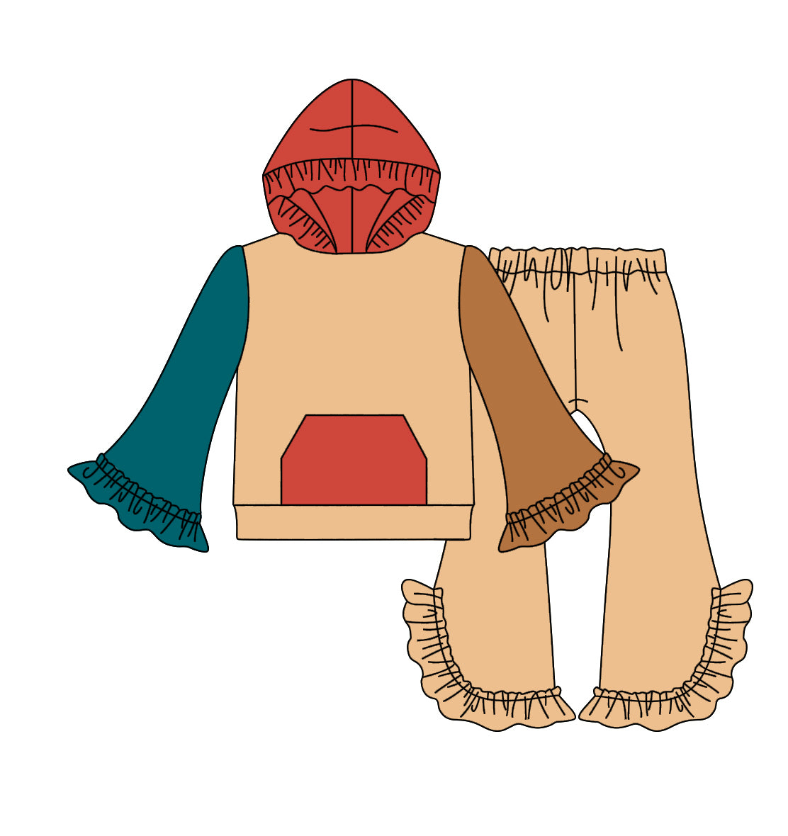 12.5(Custom Design Preorder MOQ 5) Brown Color Girls Hoodie Ruffle Clothes Set