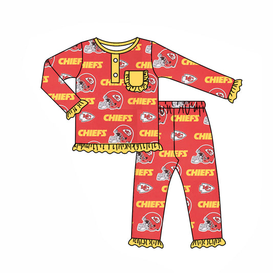 (Custom Design Preorder MOQ 5) Team's KC Yellow Red Print Pocket Girls Fall Pajamas Clothes Set