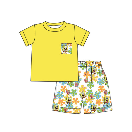 (Custom Design Preorder MOQ 5) Yellow Pocket Top Cartoon Sponge Flowers Shorts Boys Summer Clothes Set