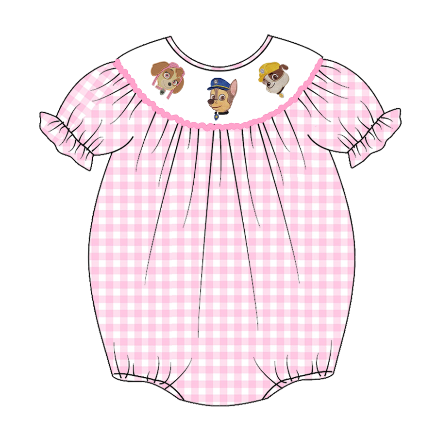 (Custom Design Preorder MOQ 5) Cartoon Dog Pink Plaid Print Baby Girls Summer Romper