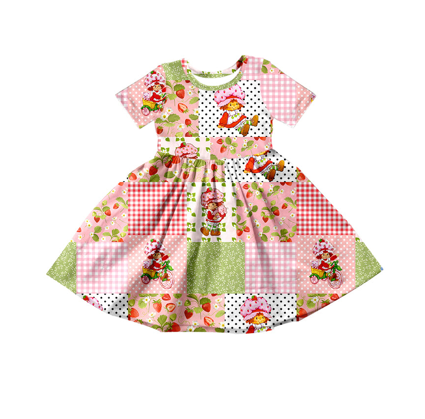 (Custom Design Preorder MOQ 5) Strawberry Pink Plaid Print Girls Summer Knee Length Dress