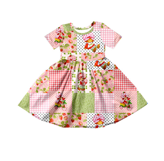 (Custom Design Preorder MOQ 5) Strawberry Pink Plaid Print Girls Summer Knee Length Dress