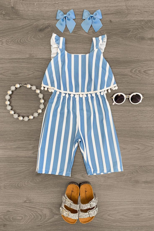 (Custom Design Preorder MOQ 5) Blue Stripes Print Girls Summer Clothes Set
