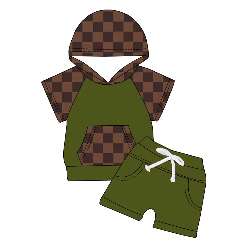 (Custom Design Preorder MOQ 5)  Brown Plaid Hoodie Top Green Shorts Boys Summer Clothes Set