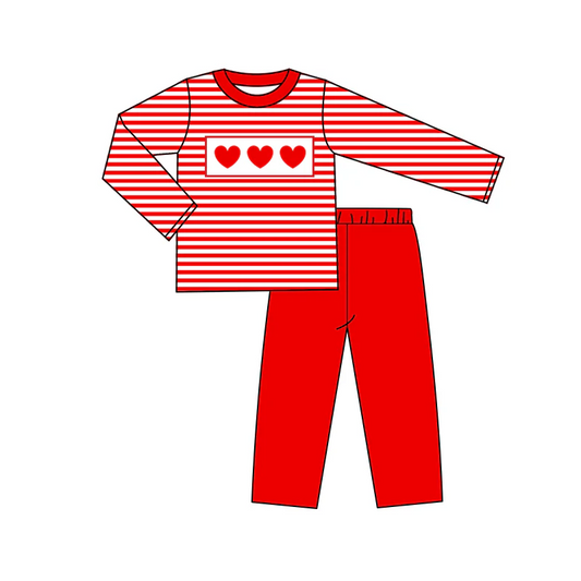(Custom Design Preorder MOQ 5) Heart Stripes Top Red Pants Boys Valentine's Day Clothes Set