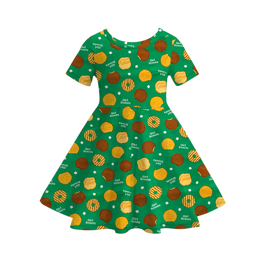 (Custom Design Preorder MOQ 5) Cookies Green Print Girls Knee Length Summer Dress