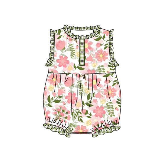 (Custom Design Preorder MOQ 5) Green Flowers Print Baby Girls Summer Romper