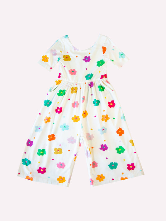 (Custom Design Preorder MOQ 5) Colorful Flowers Print Pockets Girls Swoop Back Short Sleeve Leggy Jumpsuits