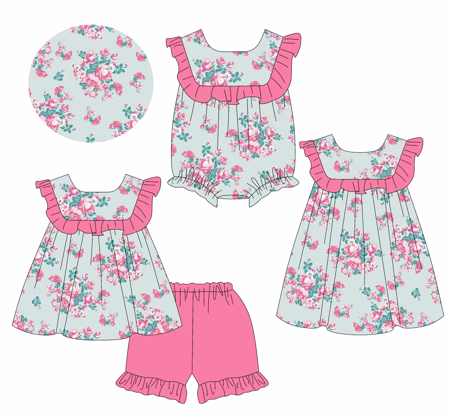 5.23(Custom Design Preorder MOQ 5 Each Design) Hot Pink Flowers Print Girls Summer Matching Clothes Sisters Wear
