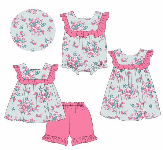 5.23(Custom Design Preorder MOQ 5 Each Design) Hot Pink Flowers Print Girls Summer Matching Clothes Sisters Wear