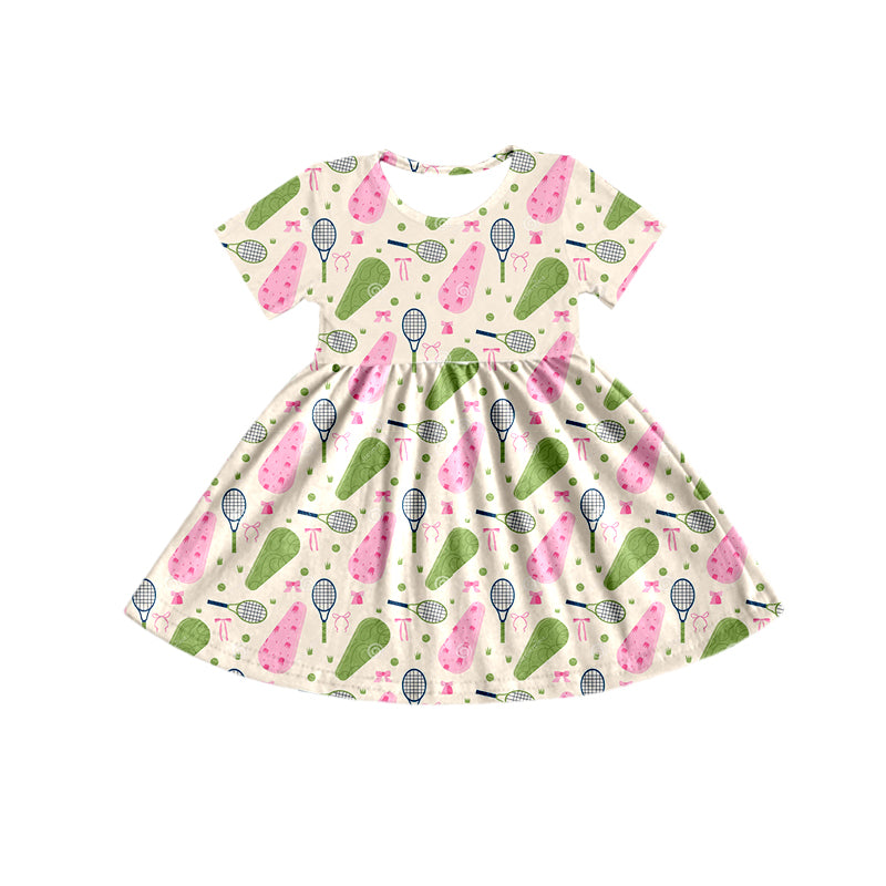 (Custom Design Preorder MOQ 5) Tennis Bows Print Girls Summer Knee Length Dress