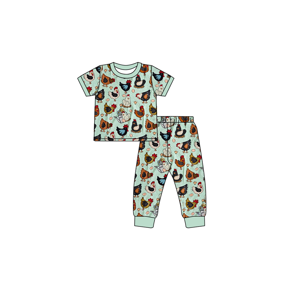 (Custom Design Preorder MOQ 5) Chicken Print Girls Pajamas Clothes Set