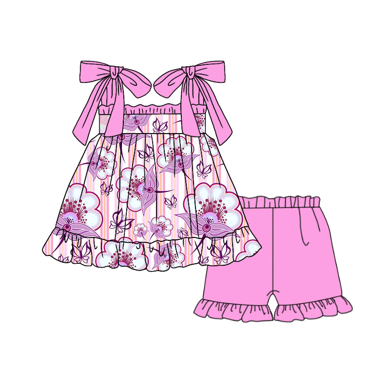 (Custom Design Preorder MOQ 5) Flowers Top Ruffle Shorts Girls Summer Clothes Set