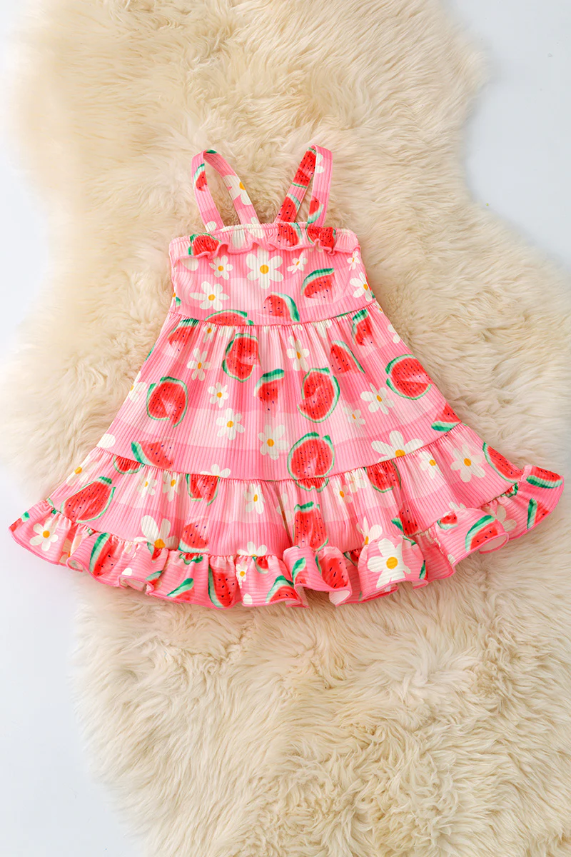 (Custom Design Preorder MOQ 5) Watermelon Flowers Print Girls Summer Knee Length Dress