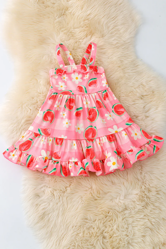 (Custom Design Preorder MOQ 5) Watermelon Flowers Print Girls Summer Knee Length Dress