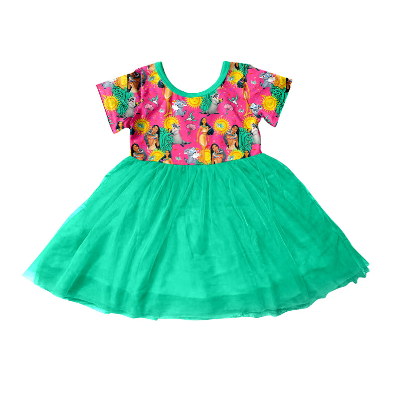 (Custom Design Preorder MOQ 5) Pink Cartoon Princess Flowers Print Girls Knee Length Summer Green Tulle Dress