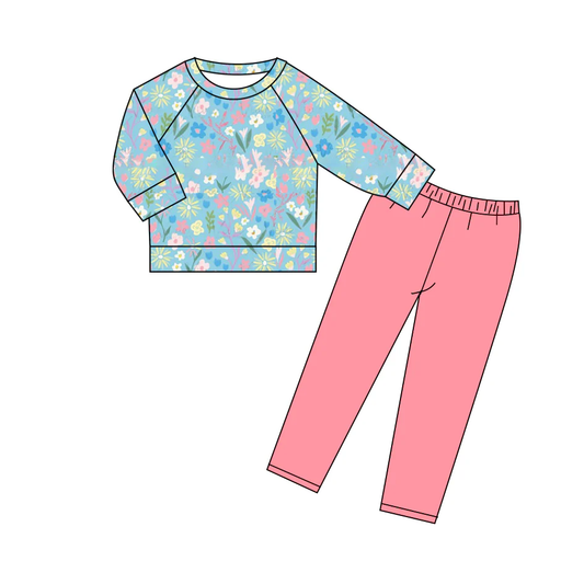 (Split Order Preorder) Deadline Sep6 Flowers Top Pink Pants Girls Fall Clothes Set
