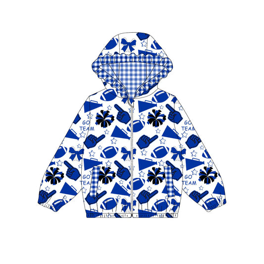 (Custom Design Preorder MOQ 5) Blue Go Team Cheer Bows Print Pockets Girls Long Sleeve Zipper Jackets Top