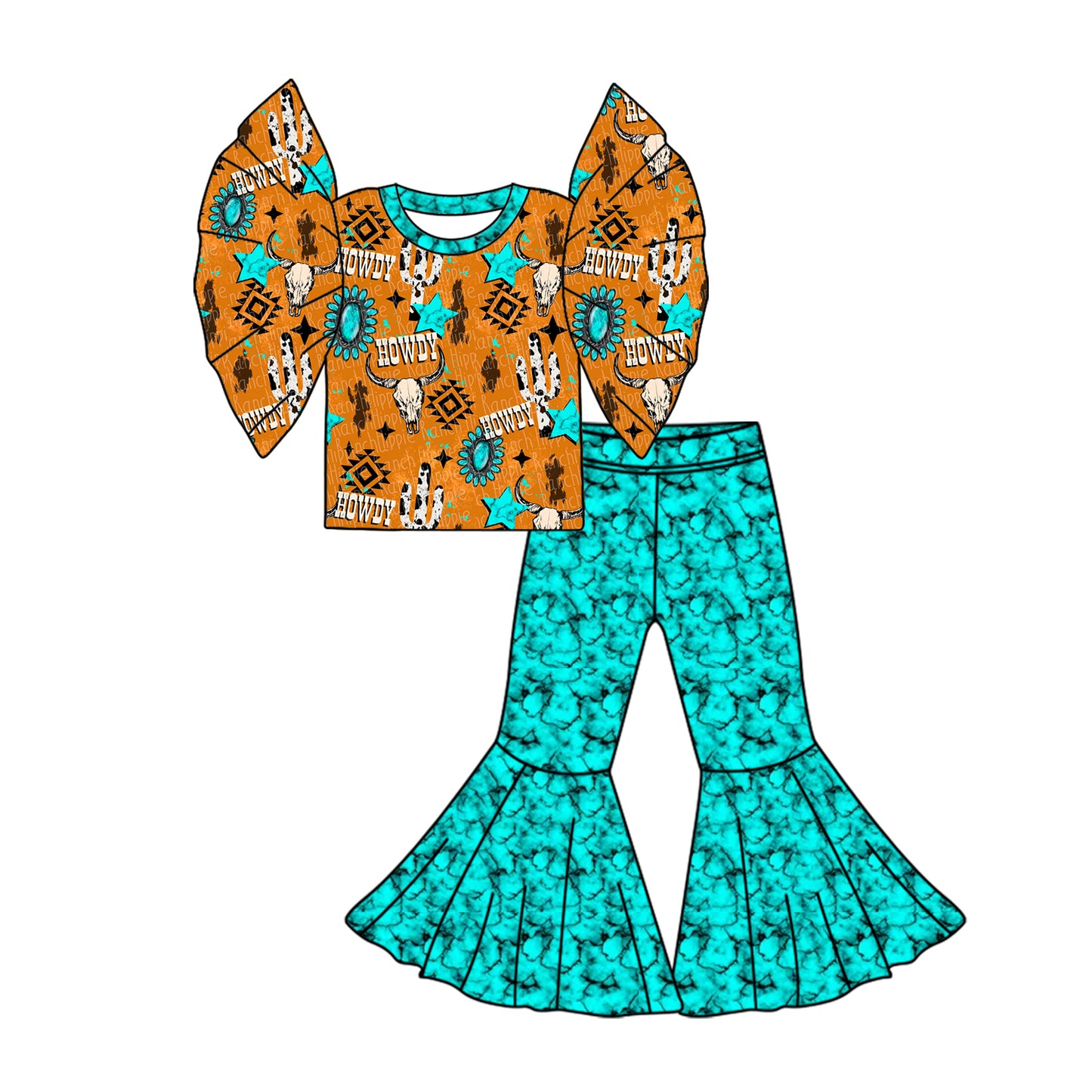 2.24(Custom Design Preorder MOQ 5) Howdy Cow Skull Aztec Top Turquoise Bell Pants Girls Western Clothes Set