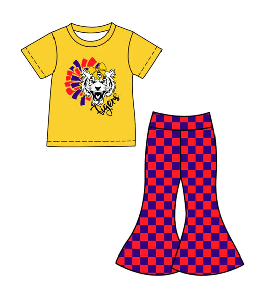 (Custom Design Preorder MOQ 5) Team Tigers Yellow Top Red Blue Plaid Bell Pants Girls Clothes Set