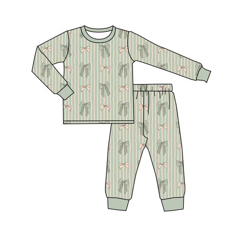 (Custom Design Preorder MOQ 5) Bows Green Stripes Print Girls Bamboo Pajamas Clothes Set